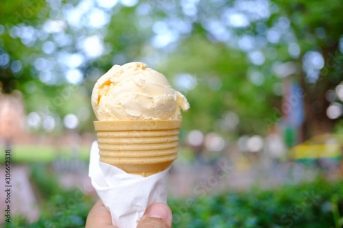 A female hand holding a cone of vanilla ice cream with blurred green bokeh and nature background in the temple area