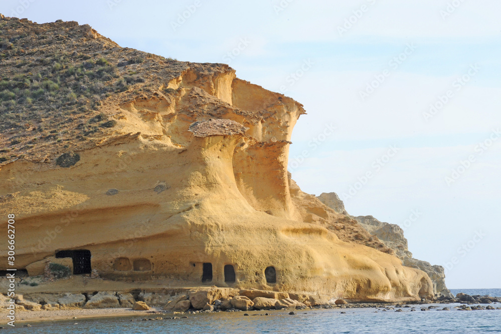 Cocedores beach in Murcia near Aguilas at Mediterranean sea of spain - yellow cliff and beatiful sea