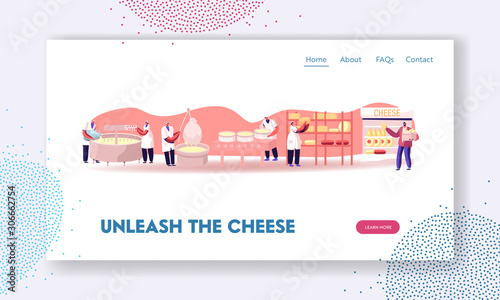 Cheese Food Production Factory Website Landing Page. Workers Make Dairy in Metal Tank, Ripening Manufacturing Equipment, Delivery for Sale in Shop Web Page Banner. Cartoon Flat Vector Illustration