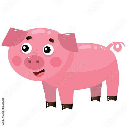 Color image of cartoon pig or swine on white background. Farm animals. Vector illustration for kids.