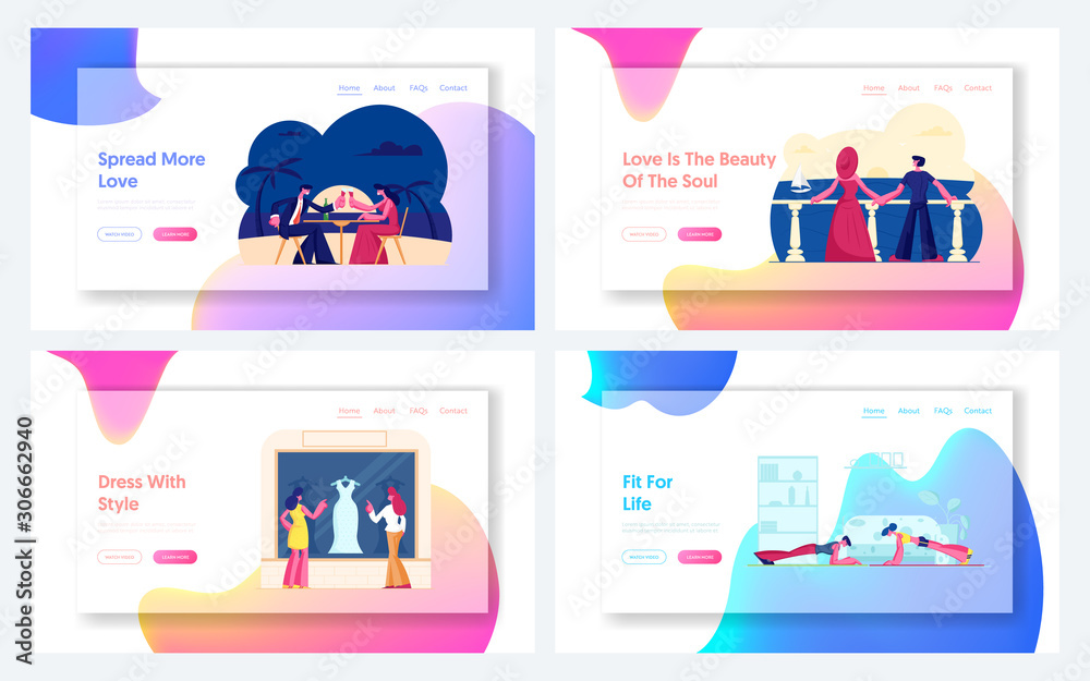 Romantic Dating on Beach, Women Choose Dress, Couple Fitness Exercise Website Landing Page Set. Man and Woman Love, Shopping Hobby, Sports Activity Web Page Banner. Cartoon Flat Vector Illustration