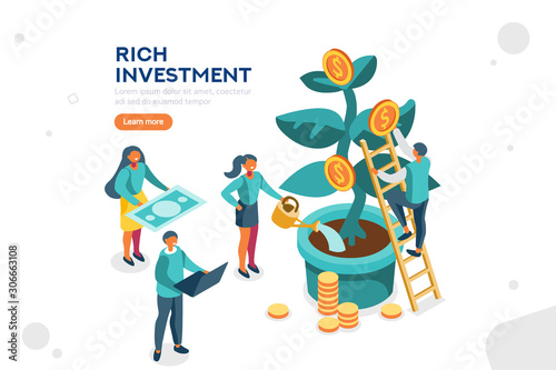Idea of income, person on profit, people on golden investment with cartoon banknotes. Rich person watering a plant of money, web page for wealth. Financial website, flat vector illustration.