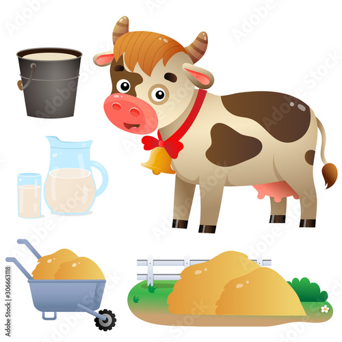 Color image of cartoon cow with milk on white background. Farm animals. Vector illustration set for kids.