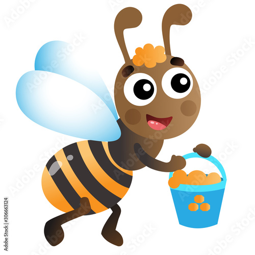 Color image of cartoon bee with honey on white background. Vector illustration for kids.