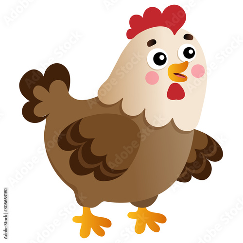 Color image of cartoon chicken or hen on white background. Farm animals. Vector illustration for kids.