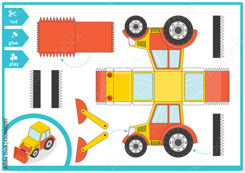 Cut and glue a paper car. Children art game for activity page. Paper 3d excavator. Vector illustration.