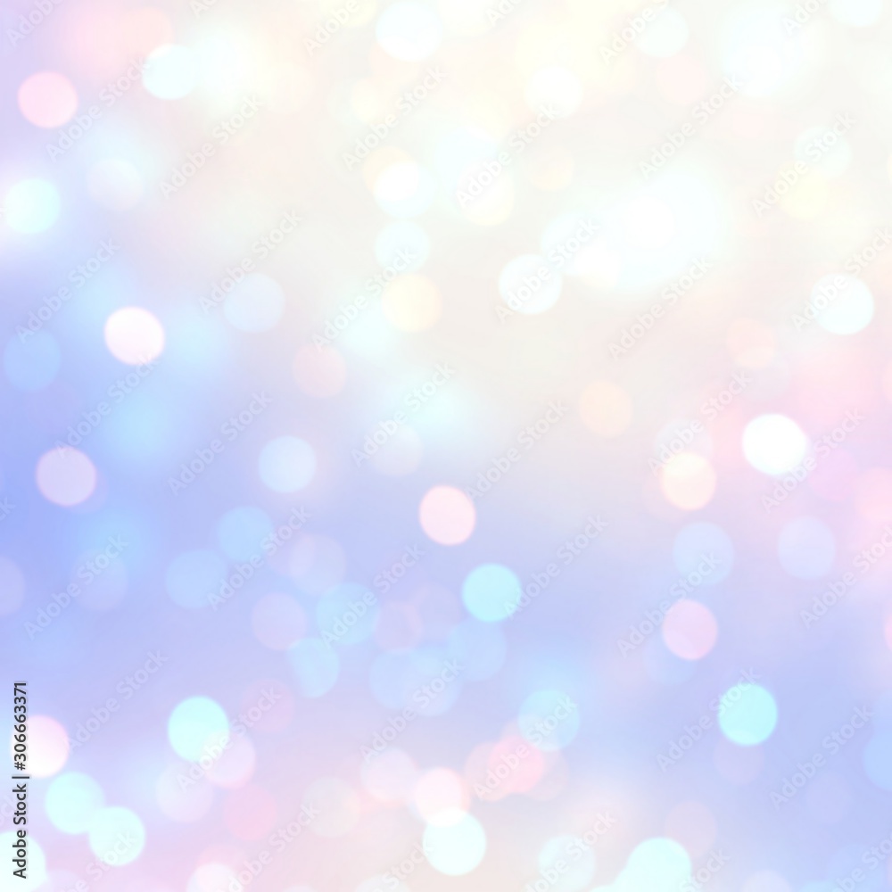 Bokeh gentle shining on subtle empty background. Delicate lilac pink yellow gradient. Light glitter abstract texture. Festive blurred illustration. Fabolous winter holiday template. 