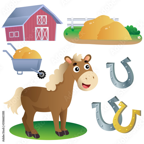 Color images of cartoon horse with horseshoes, of barn and hay on white background. Farm animals. Vector illustration set for kids.