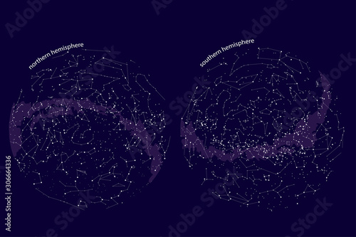 true constellations of the southern hemisphere and Northern hemisphere, star map. Science astronomy,