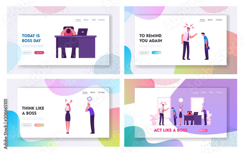 Angry Boss and Employees Conflict Situation Website Landing Page Set. Furious Director or Ceo Yelling on Delinquent Workers in Office. Frustration Web Page Banner. Cartoon Flat Vector Illustration