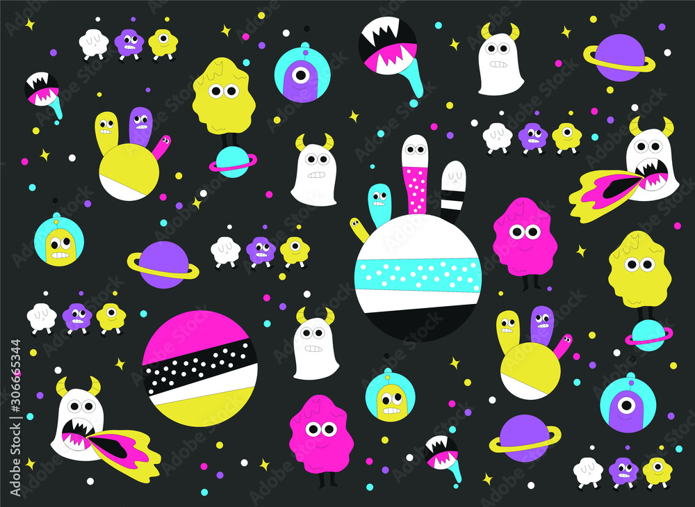 vector illustration, pattern, cartoon colored aliens