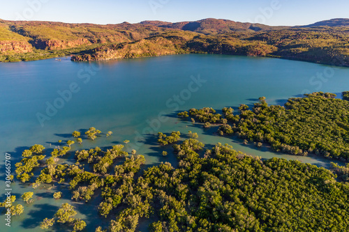 Landscape aerial view of the Hunter River in Prince Frederick Harbor in the remote North Kimberley of Australia.
