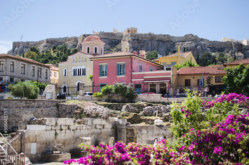 Colorful street view in Plaka District of Athens.