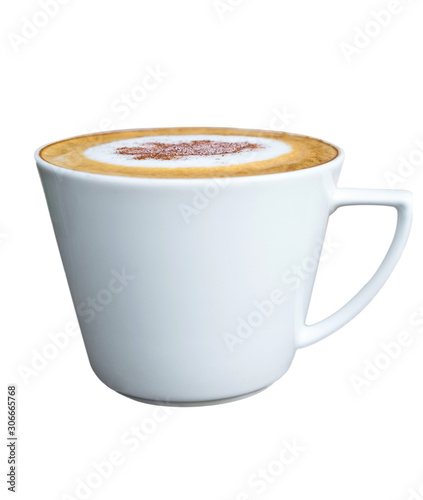 Cappuccino coffee in a white cup isolated on a white background.