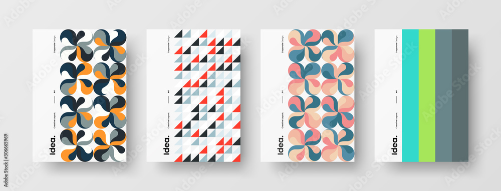 Fototapeta premium Business presentation vector A4 vertical orientation front page mock up set. Corporate report cover abstract geometric illustration design layout bundle. Company identity brochure template collection.