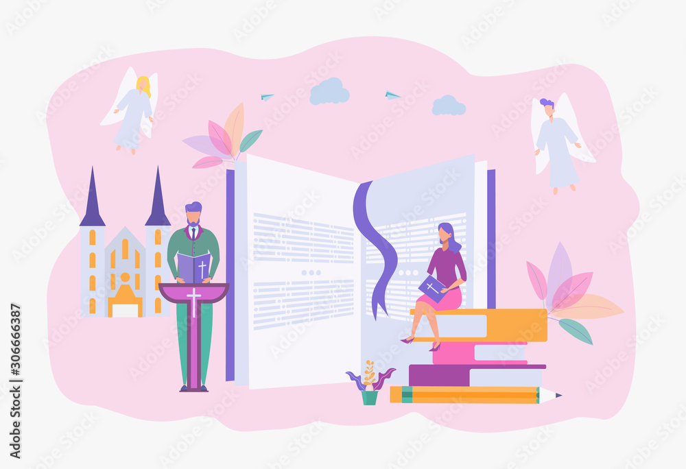 The shepherd reads the Holy Bible and preaches about the Word of God. Jesus Christ and the Bible, a holy scripture. People study the bible. Colorful vector illustration. The shepherd reads the Holy Bible and preaches about the Word of God. Jesus Christ and the Bible, a holy scripture. People study the bible. Colorful vector illustration.