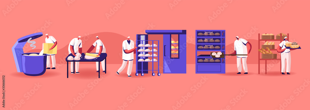 Bread Machinery Production. Industrial Process Equipment with Business Character Workers in Toques, Flour Grinding, Dough Kneading, Baking Loafs in Modern Manufacture. Cartoon Flat Vector Illustration