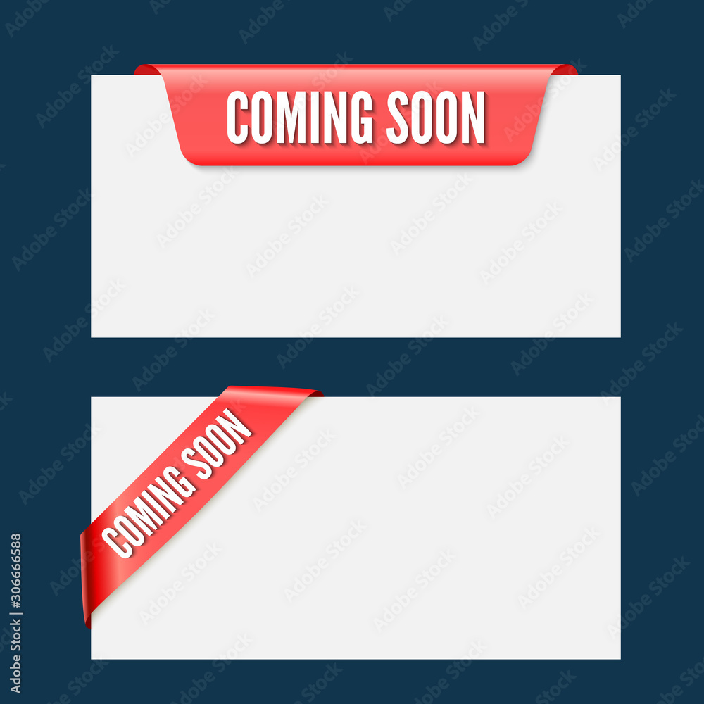 Obraz premium coming soon announcements on ribbons. Corner and straight sale elements. Red vector banners for design