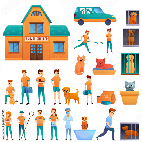 Homeless shelter icons set. Cartoon set of homeless shelter vector icons for web design