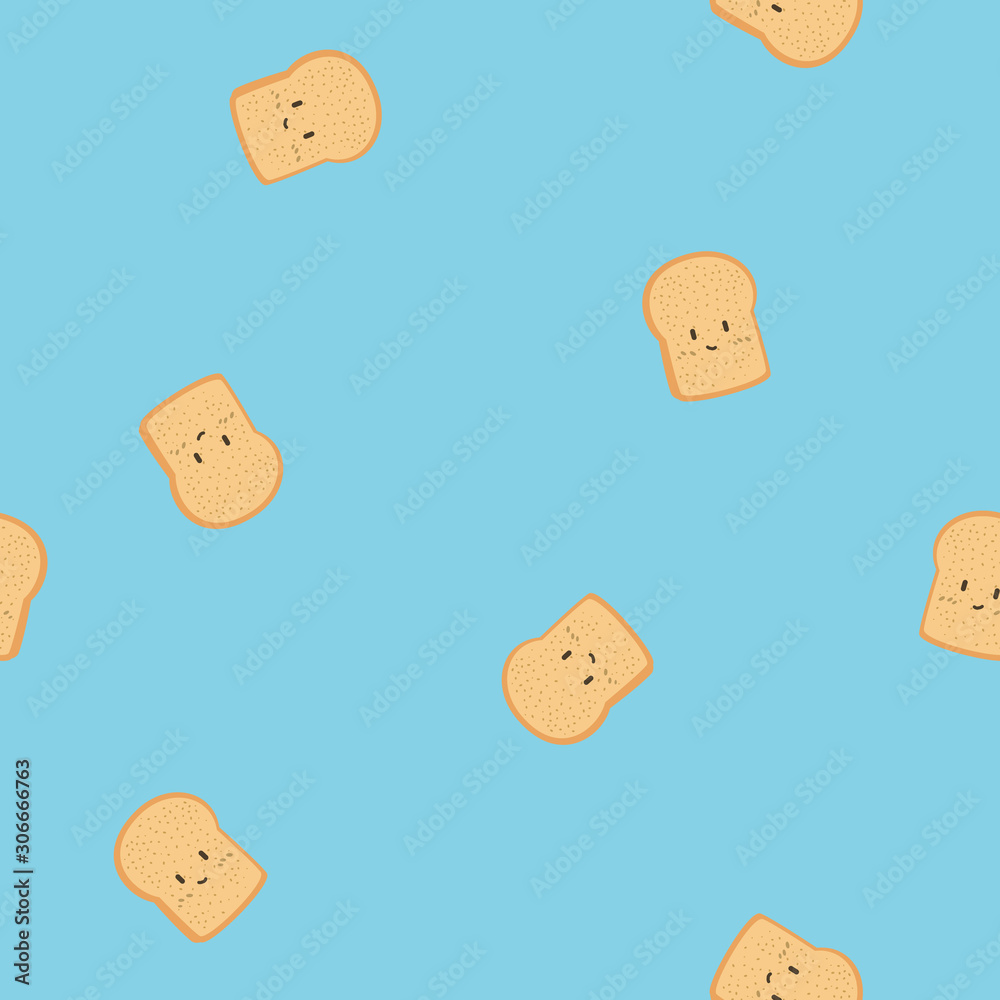 Seamless pattern minimal bread on blue background. Doodle cartoon food.