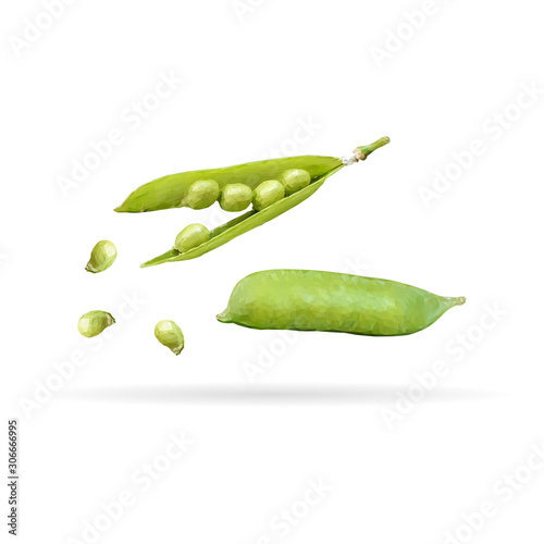 Green peas polygonal. Low poly fresh green peas. Elements for label design. Vector illustration. Ingredients in triangulation technique.