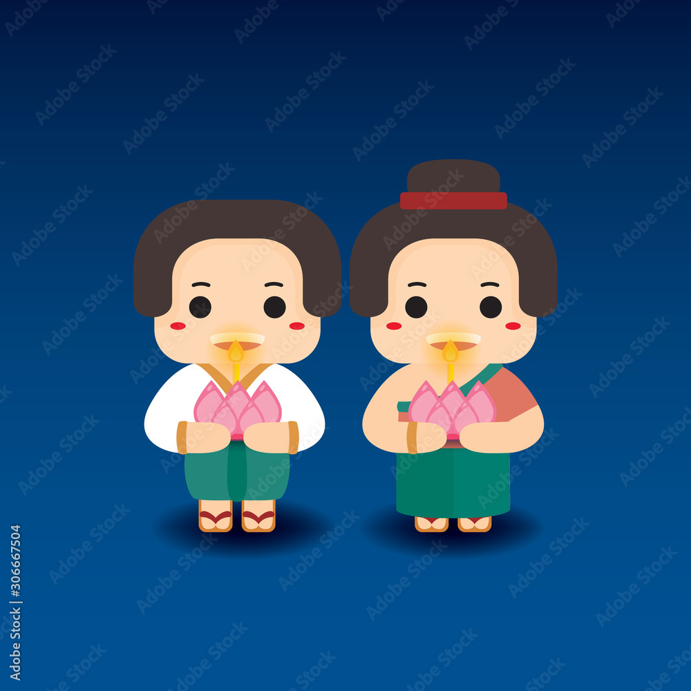 Cute Couple wearing Thai costume in Loy Krathong festival. Loy krathong festival in Thailand. Cute Couple wearing Thai costume in Loy Krathong festival. Loy krathong festival in Thailand.