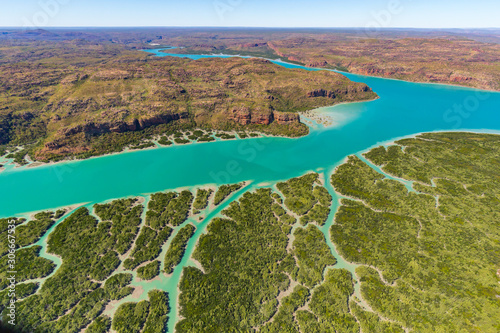 Landscape aerial view of Porosus Creek in Prince Frederick Harbor in the remote North Kimberley of Australia.