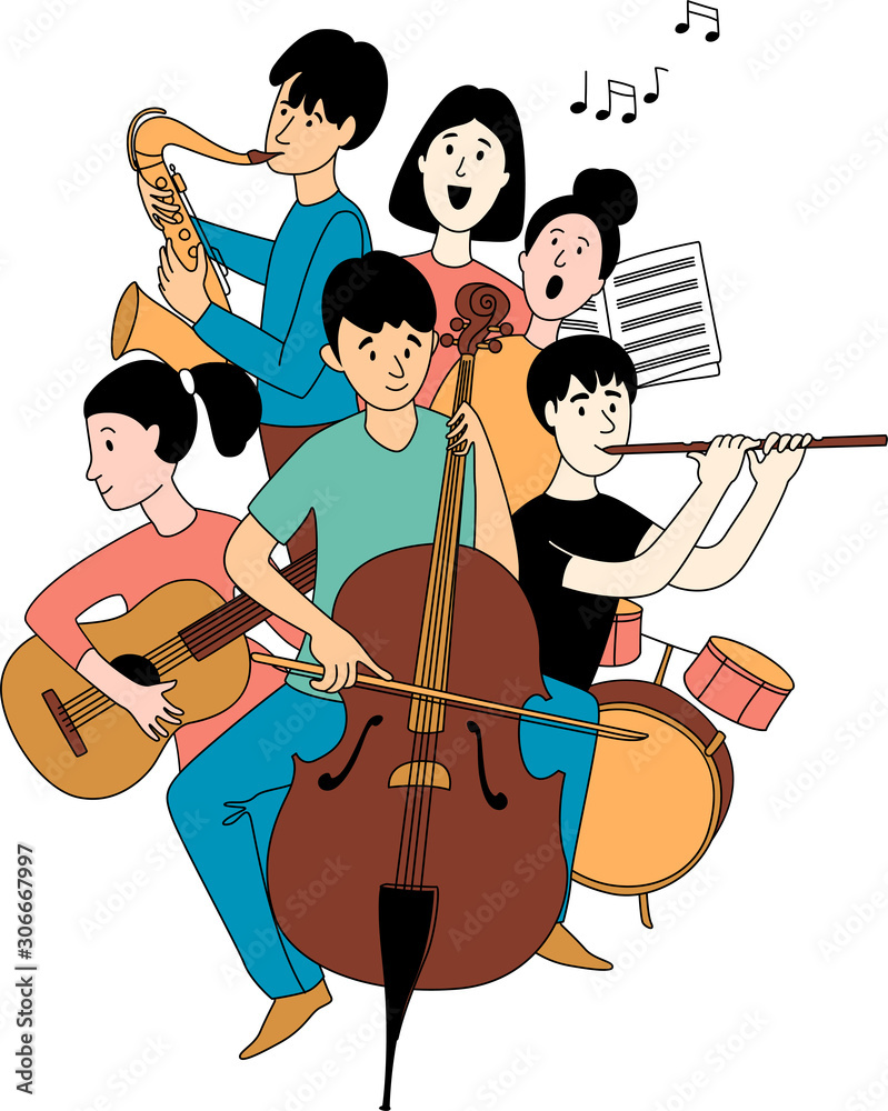Fototapeta premium Music school orchestra concert students musical instruments doodles line poster