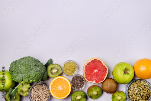 Detox or Diet Concept Green Apple Broccoli Kiwi Green Apple Grapefruits Super Foods Matcha Pumpkin Seeds Chia Seeds Ingredient for Smoothie or Juice Top View Flat Lay Copy Space Healthy