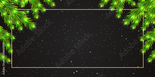 Christmas tree branches on a background of a gold frame and a serpentine gray background, vector art illustration. photo