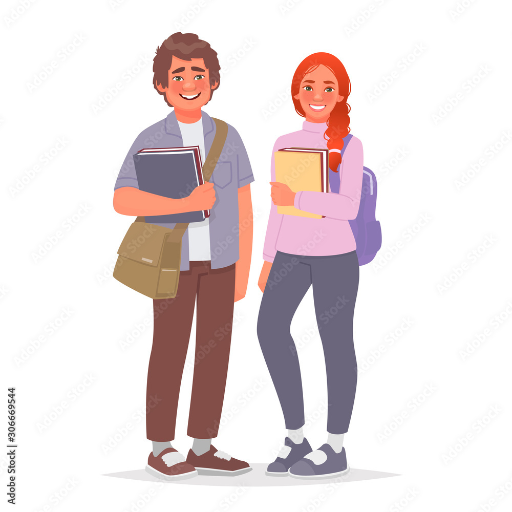Guy and girl are university or school students. A couple of young people with books and backpacks on a white background.