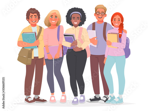Group of happy students. Guys and girls, a bunch of college friends. Young cheerful people with books in their hands