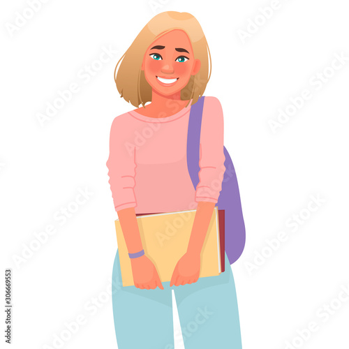 Pretty girl a college student holds notebooks and books in her hands. University undergraduate on a white background.