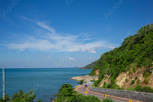  Road curve with sea and sky in Chanthaburi province view point landmark, Thailand.