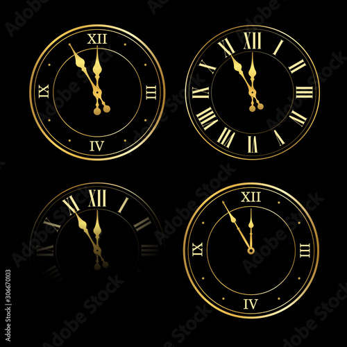 Happy New year 2020. Gold clock, arrows, isolated on black background. Golden design holiday banner, Christmas celebration party, header poster. Template decoration card. Vector illustration
