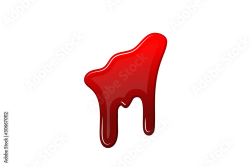 Blood drip 3D. Drop blood isloated white background. Happy Halloween decoration design. Red splatter stain splash spot, horror blot. Bleeding bloodstain scare texture. Liquid paint. Vector illustraton