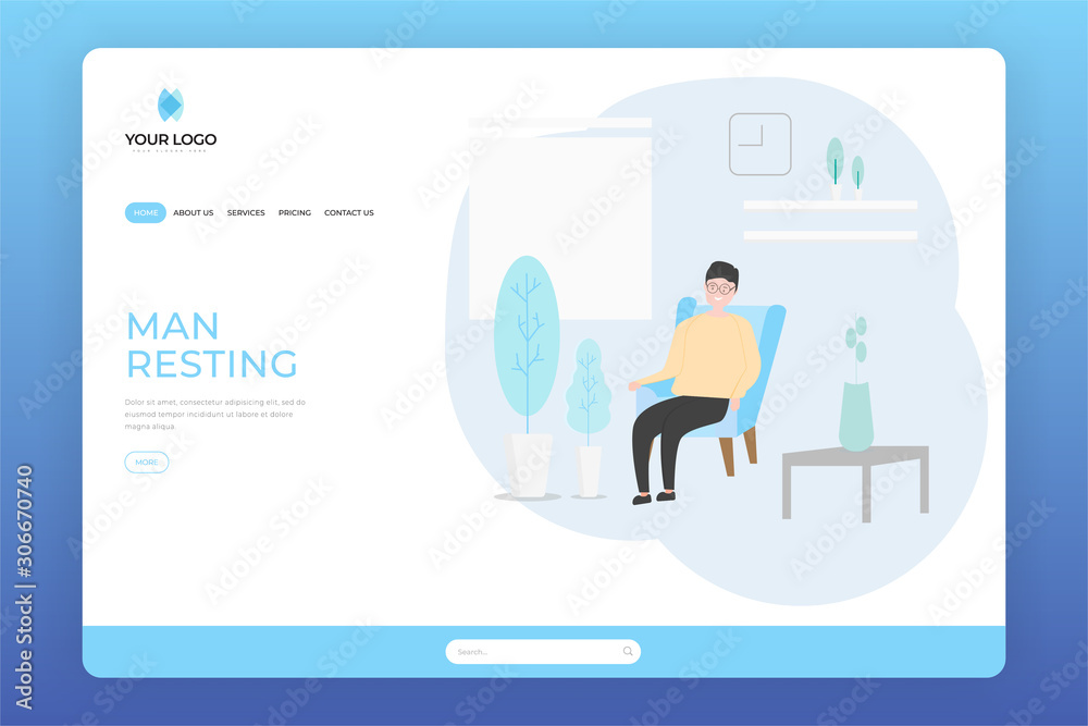 Happy Man Sitting at Sofa and Resting Design Flat Website Landing Page. Character sitting At Comfortable Couch at Restroom and Relaxing Concept Vector Illustration. Web Site Page, Banner Design Happy Man Sitting at Sofa and Resting Design Flat Website Landing Page. Character sitting At Comfortable Couch at Restroom and Relaxing Concept Vector Illustration. Web Site Page, Banner Design