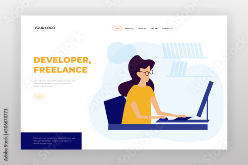 Freelance developer girl works distance website landing page design