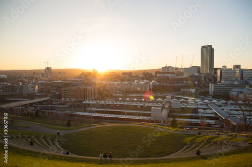 The sun setting over the city of Sheffield in South Yorkshire, UK