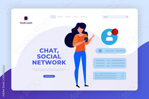 Young girl using social networks landing page design. Young female blogger chatting on application for mobile phone concept vector illustration. Web site template, banner design.