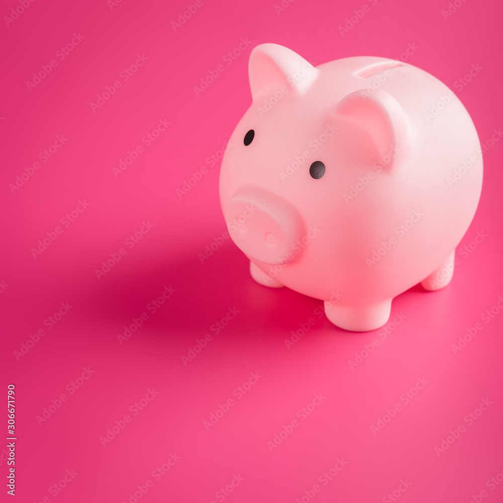 Piggy Bank pig pink on solid background with hard light, minimal style