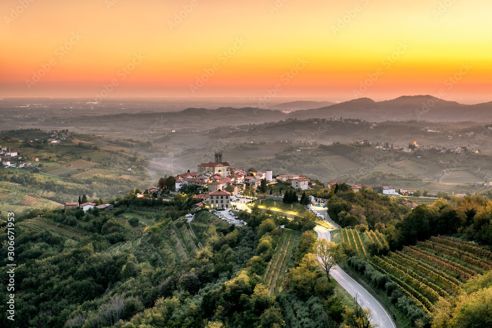 Fototapeta premium Goriska Brda a famous wine region of Slovenia located near Italy. Sunrise and sunset looking over Smartno village 