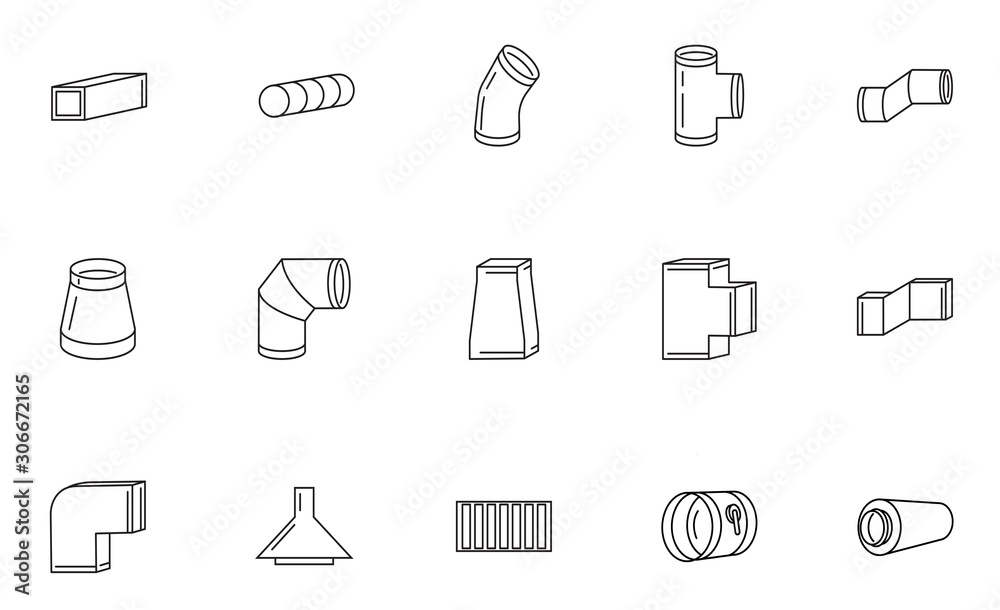 Ventilation vector line icon set. Round and rectangular ducts and fittings. Bend, dumper, silencer, fan. Supply and exhaust system Ventilation vector line icon set. Round and rectangular ducts and fittings. Bend, dumper, silencer, fan. Supply and exhaust system