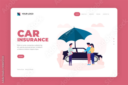 Car Insurance Landing Page Design. Professional Character Agent Signing Contract with Clients. Automobile insurance concept website home page. Easy to Customize for Web, Mobile.