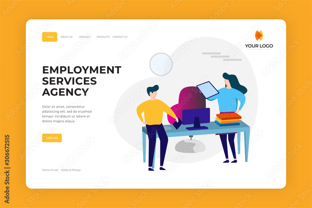 Headhunting, employment service, employee selection website landing page design. HR agency vector illustration. Staff hiring web banner. Man and woman characters at office concept illustration. Headhunting, employment service, employee selection website landing page design. HR agency vector illustration. Staff hiring web banner. Man and woman characters at office concept illustration.