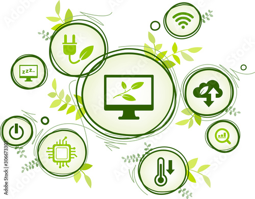 Green computing / green IT connected icon concept: environmentally sustainable ICT, Recycling, cloud computing, systems design – vector illustration