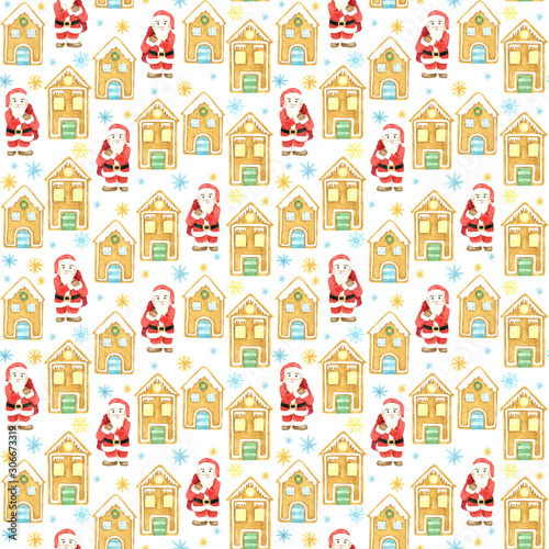 Seamless winter pattern. Christmas watercolor background. Hand drawn, Santa Claus, gingerbread houses and snowflakes. Cartoon character, isolated ojects on white background photo