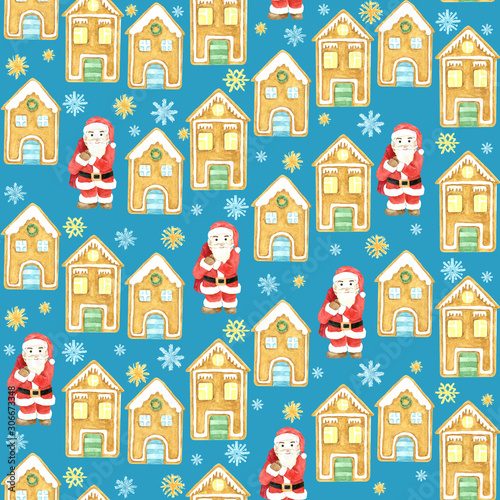 Seamless winter pattern. Christmas watercolor background. Hand drawn, Santa Claus, gingerbread houses and snowflakes. Cartoon character, isolated ojects on blue background
