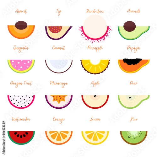 Apricot, fig, rambutan, avocado, guauaba, coconut, pineapple, papaya, dragon fruit, maracuya, apple, pear, watermelon, orange, lemon, kiwi fruit set. Flat vector illustration
