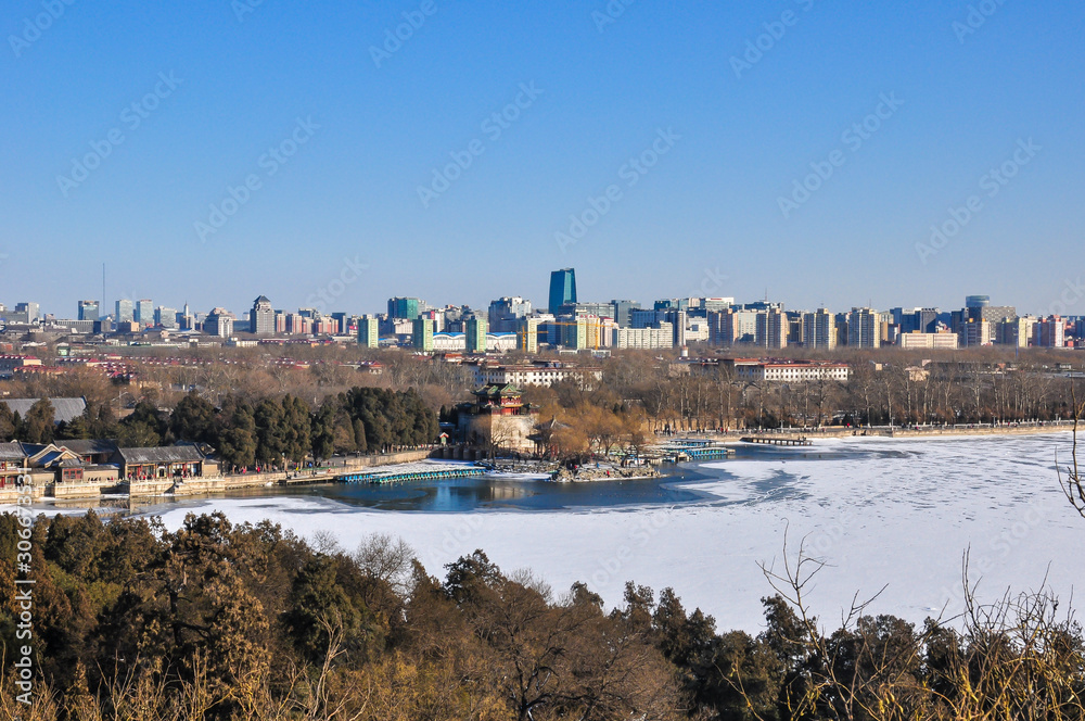 Beijing, panorama of the city center shot from the forbidden city with icy lake